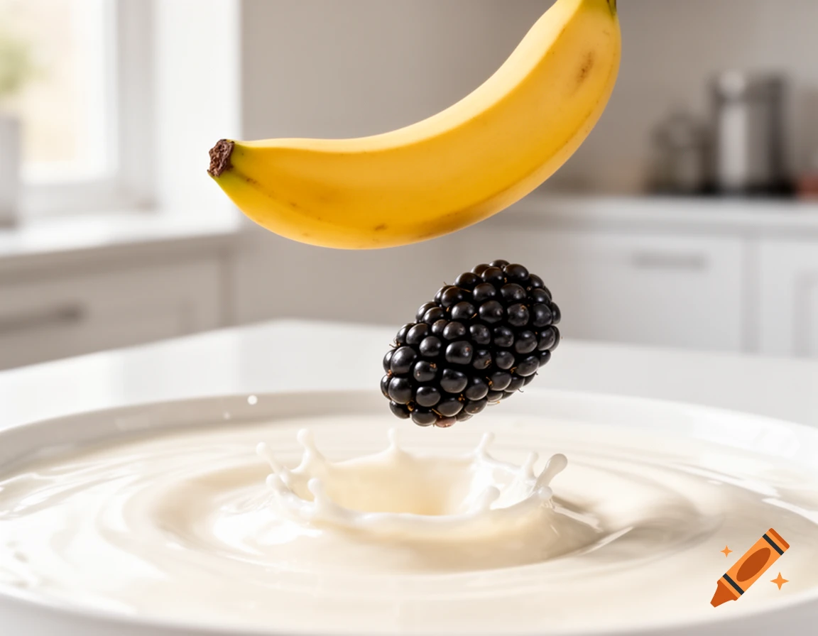 A banana and a blackberry hovering above a white bowl, with the blackberry making a splash in milk, in a bright kitchen.