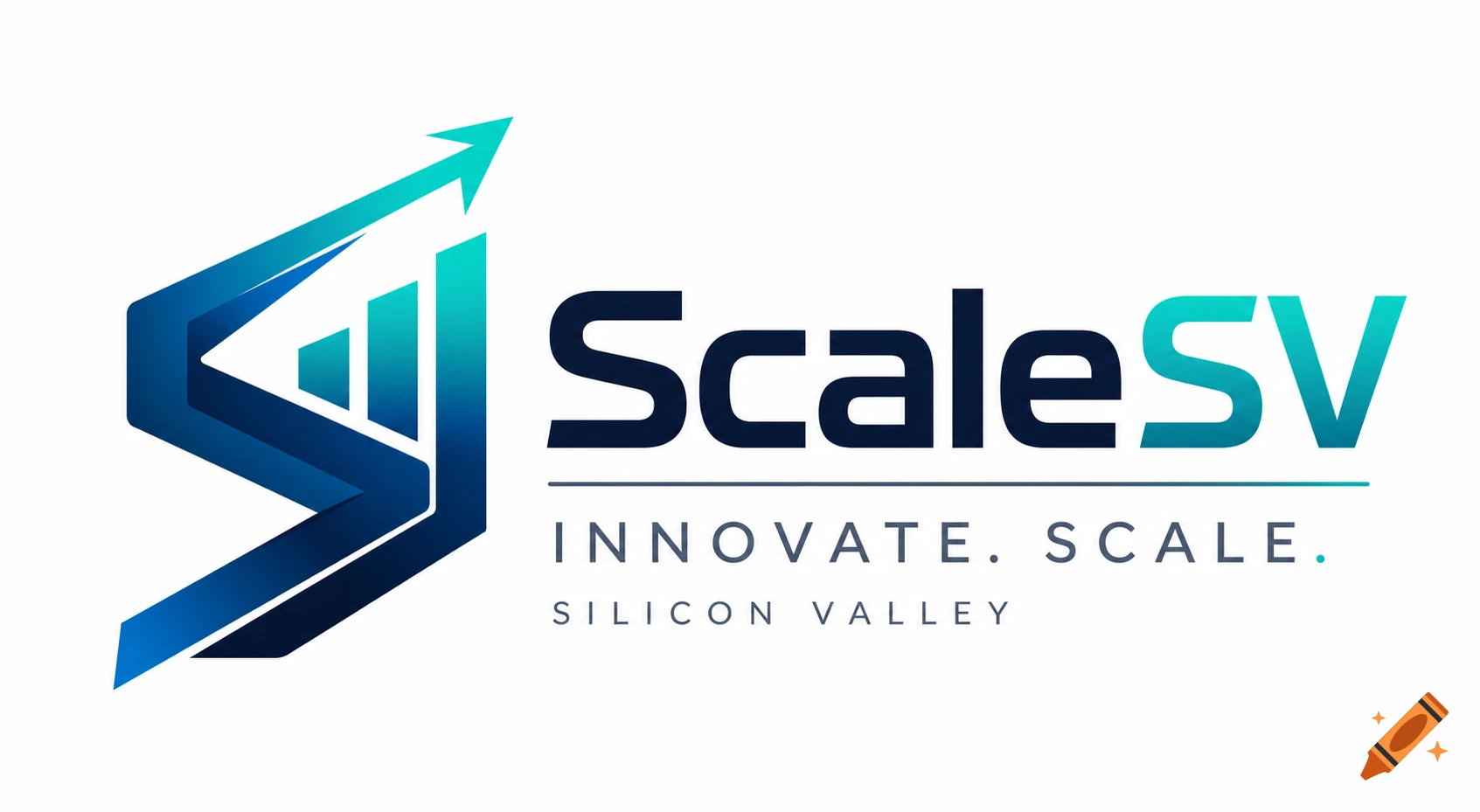 A modern blue and teal logo for ScaleSV with an upward arrow and bar chart elements, featuring the slogans Innovate. Scale. and Silicon Valley.