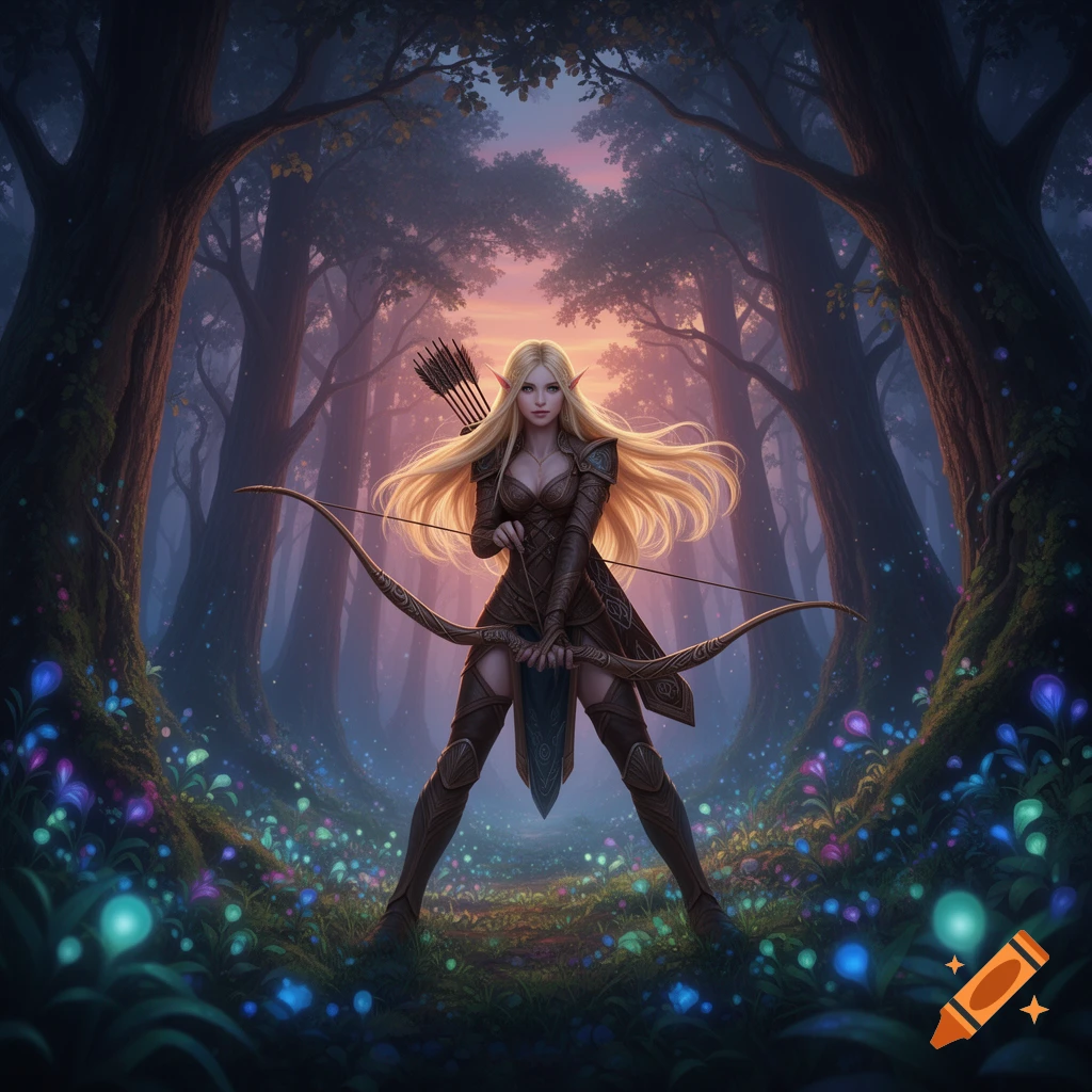 A blonde elf archer in brown armor stands ready with a bow in a vibrant, magical forest glowing at sunset.