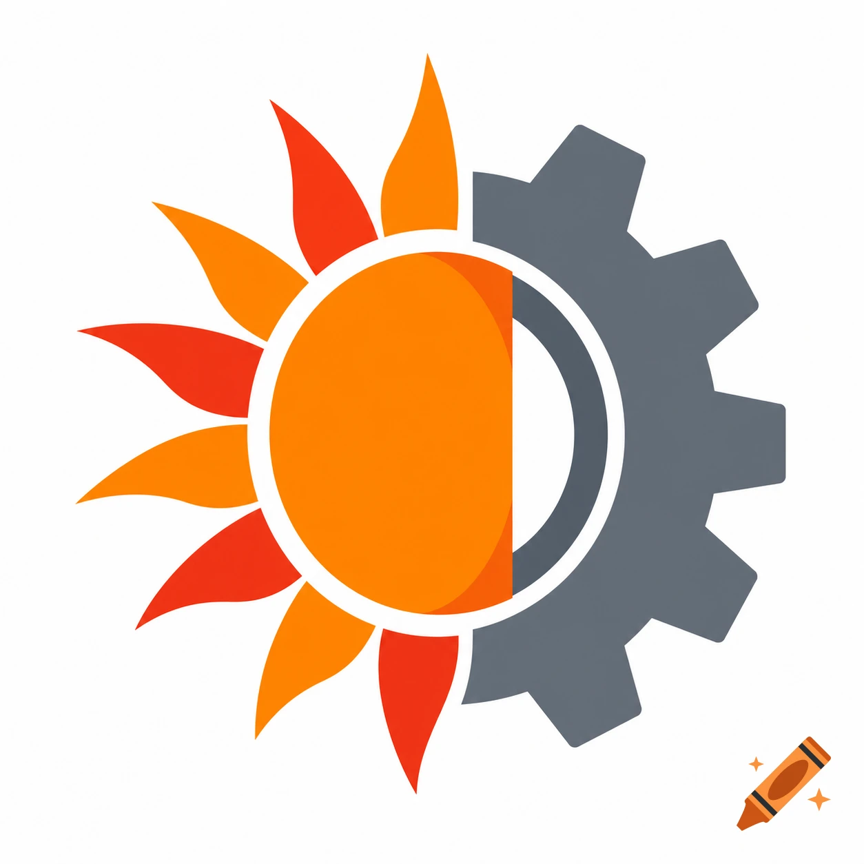 A stylized icon depicting a bright orange sun with red and orange rays merging with a grey mechanical gear.