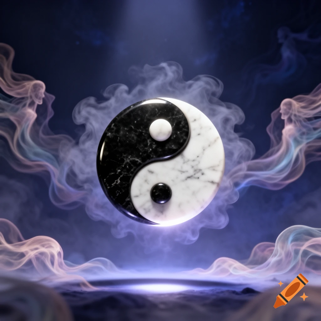 A marble Yin and Yang symbol floats amidst glowing purple and pink smoke with ethereal figures in a mystical dark realm.