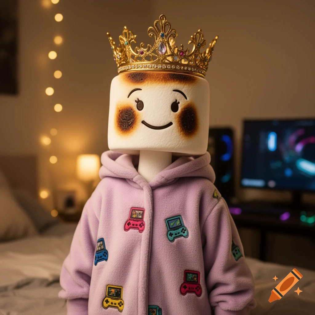 Photorealistic image of a smiling marshmallow character with burnt marks, wearing a gold crown and a lavender hoodie with gaming console patches in a cozy room.