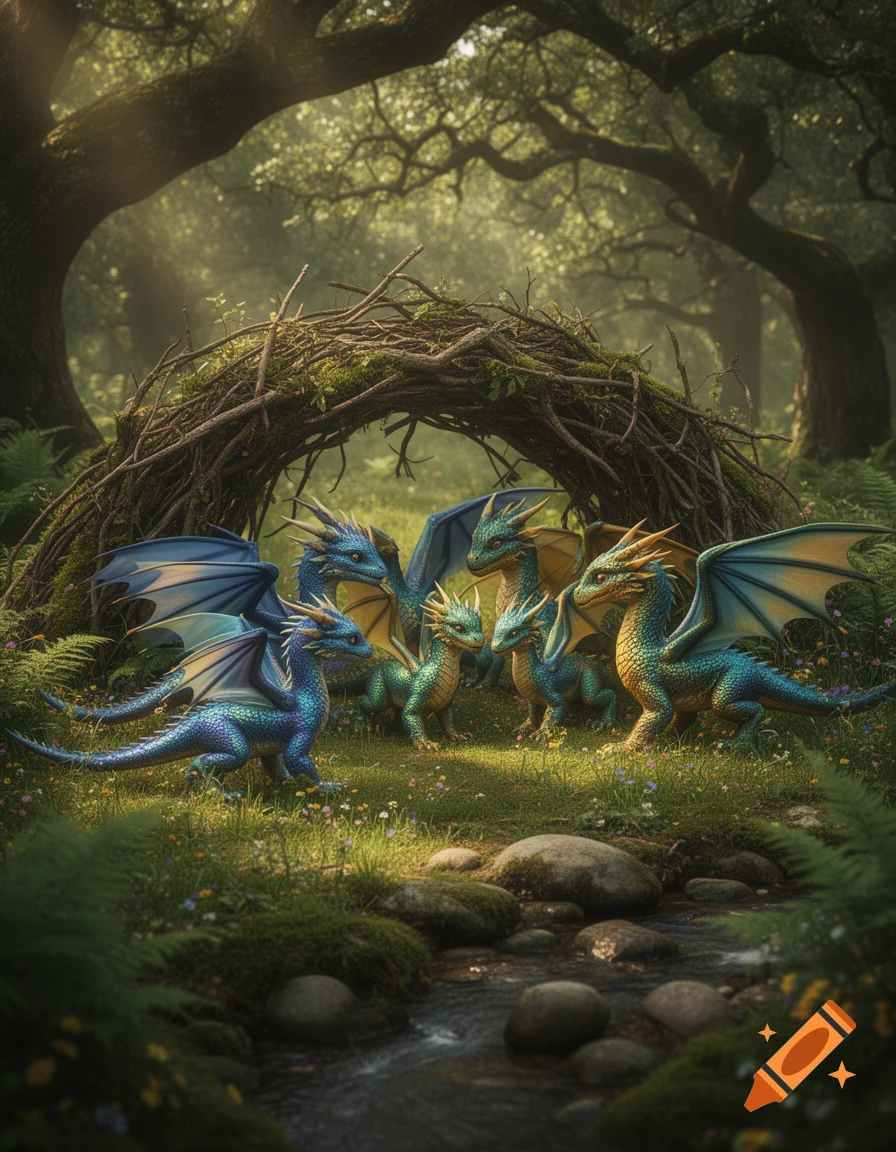 A group of vibrant blue and green baby dragons huddle around a large nest in a sunlit, lush forest with a stream.