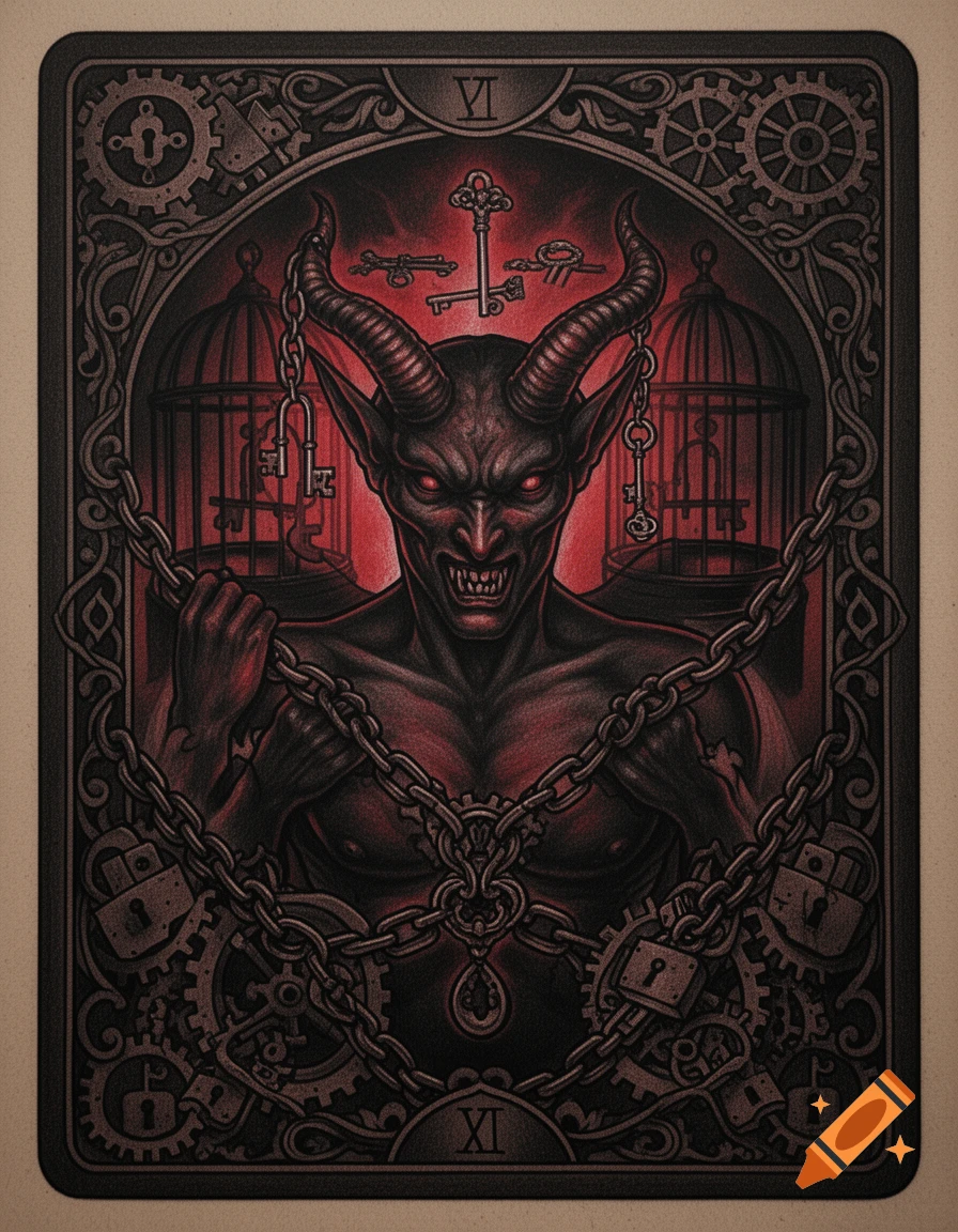 A stylized tarot card of a red-skinned demonic figure with horns, chains, and glowing red eyes, flanked by cages and surrounded by keys, locks, and gears.