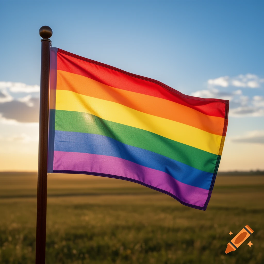 A vibrant rainbow flag on a pole waves against a clear sky with a sunset over a green field.