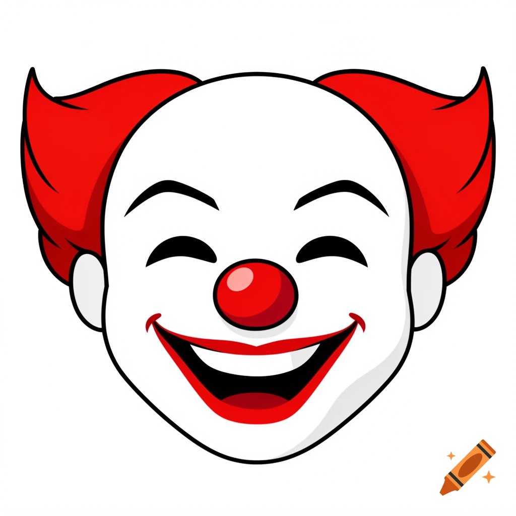 Emoji-style smiling clown face with red hair, red nose, and a wide grin.