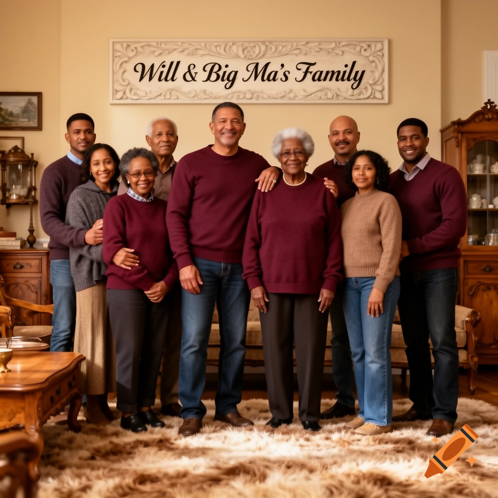 A diverse multi-generational family poses for a formal portrait in a warmly lit living room, with a sign above them reading 'Will & Big Ma's Family'.