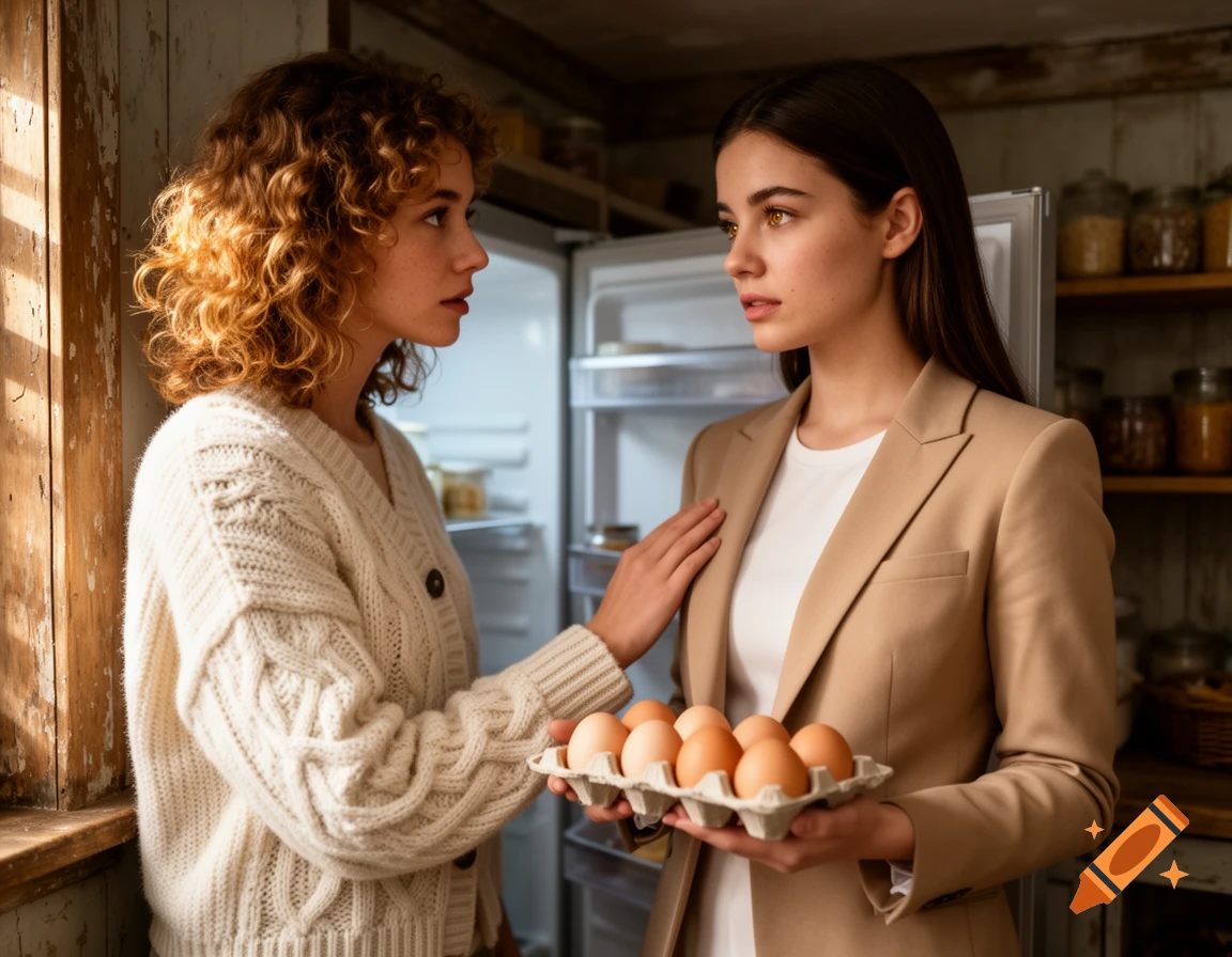 Photorealistic image of two women in a rustic kitchen. One, with curly hair, touches the arm of the other, holding eggs. They look at each other with tense expressions.