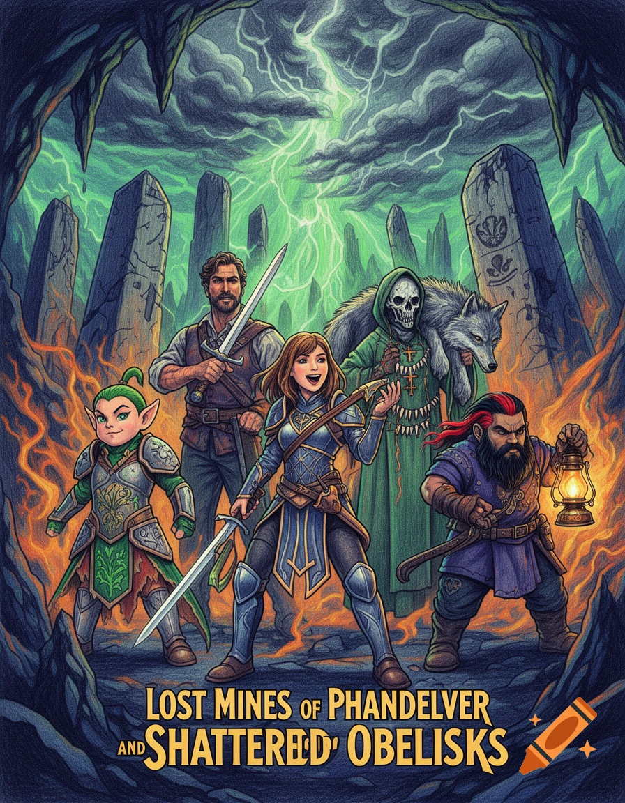 Colored pencil illustration of five fantasy adventurers in a cave with obelisks and green lightning. Text: 'Lost Mines of Phandelver and Shattered Obelisks'.