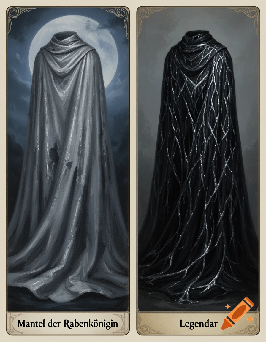 Two fantasy item cards showing cloaks. The left card displays a grey cloak against a full moon, labeled "Mantel der Rabenkönigin". The right card shows a black cloak with silver, root-like patterns, labeled "Legendar".