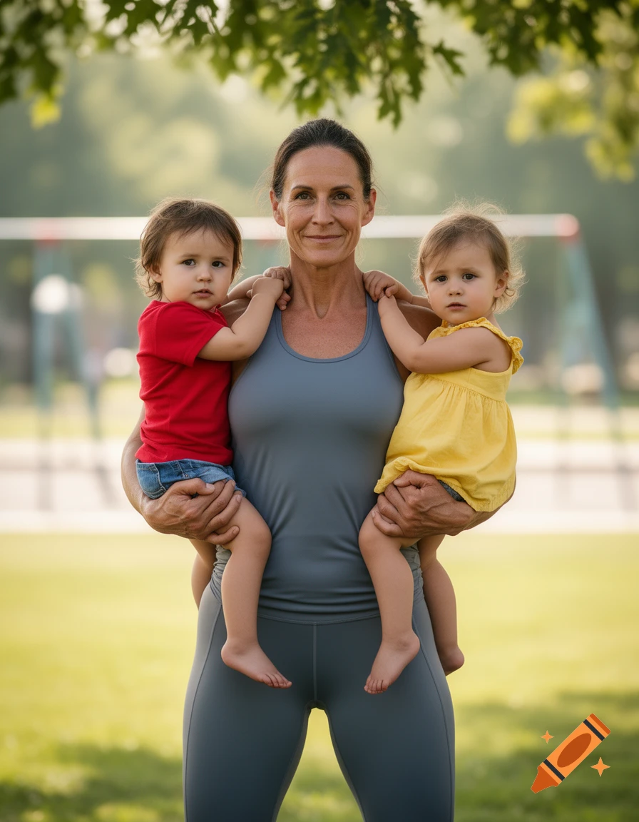 A smiling athletic woman in grey sportswear holds two toddlers, one in red and one in yellow, in a sunny outdoor park setting.