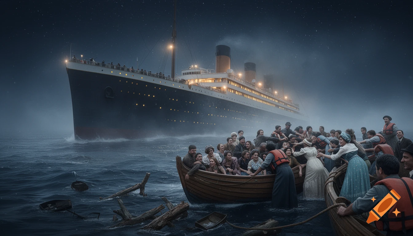 A photorealistic depiction of the Titanic sinking at night, with lifeboats full of distressed people in the foreground on rough seas.