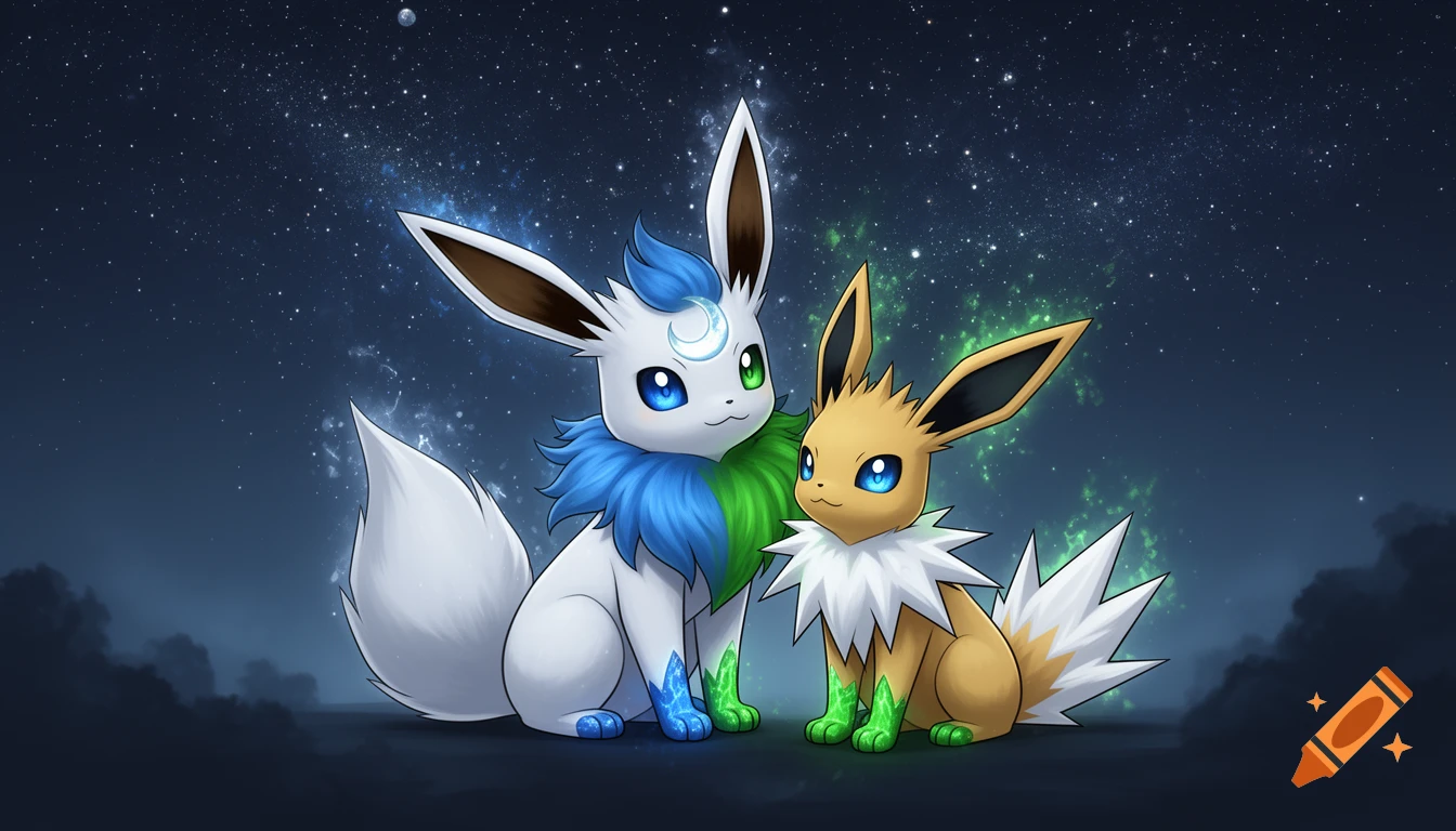 A stylized white Eevee with a blue crescent moon on its forehead and mismatched blue and green eyes sits next to a brown Jolteon with blue eyes, both under a starry night sky.