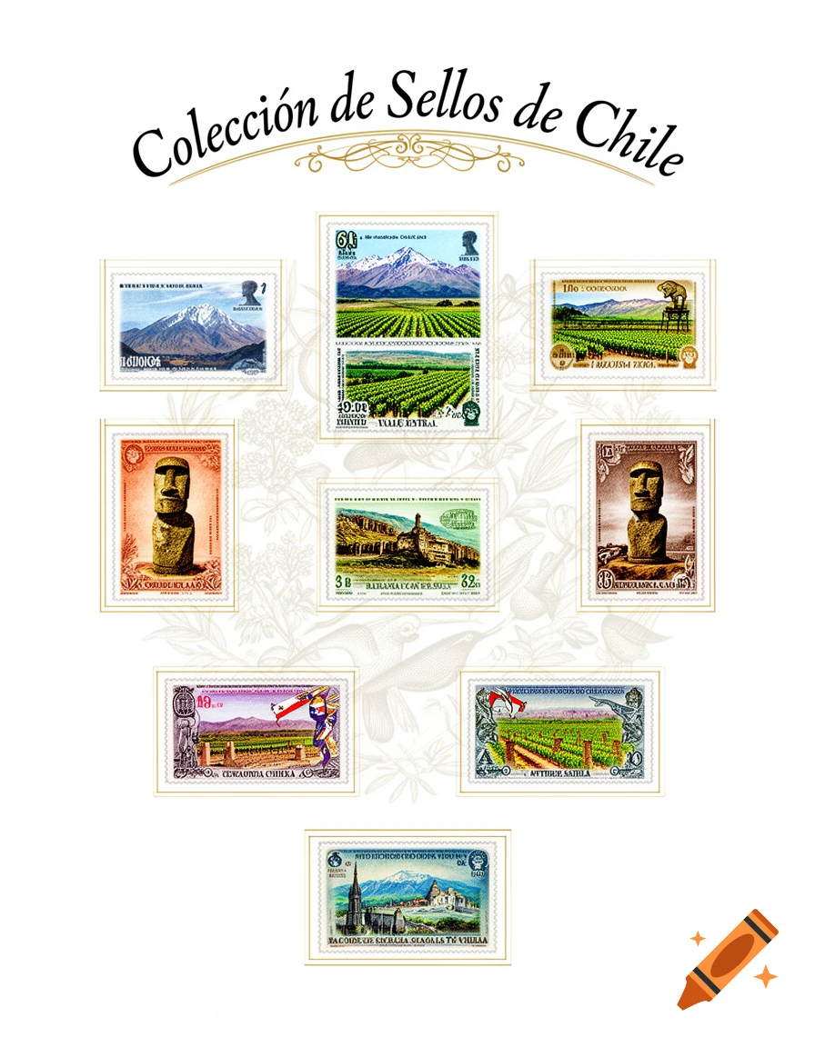 An A4 page design for a Chilean stamp album, featuring various postal stamps with landscapes, Moai statues, and buildings on a white background.