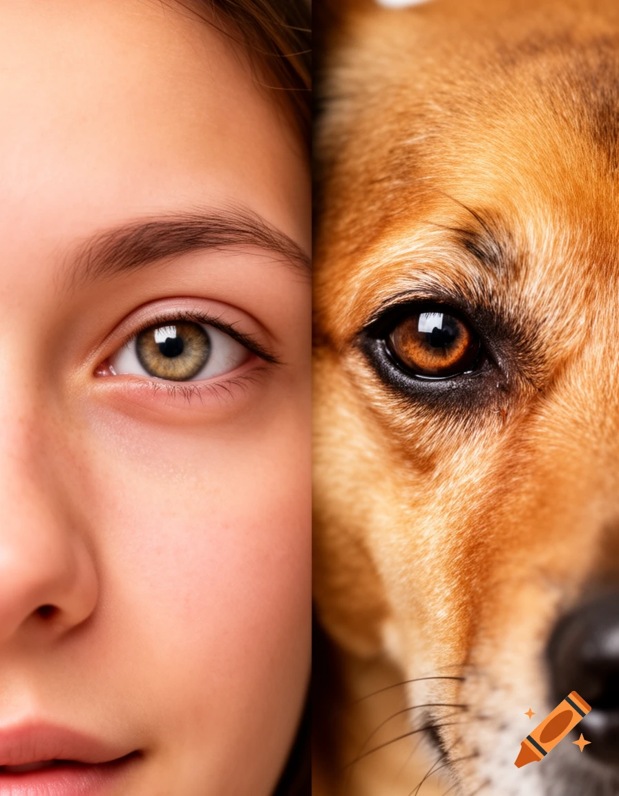Extreme close-up photorealistic portrait of half a human face and half a dog face, with their eyes perfectly aligned.