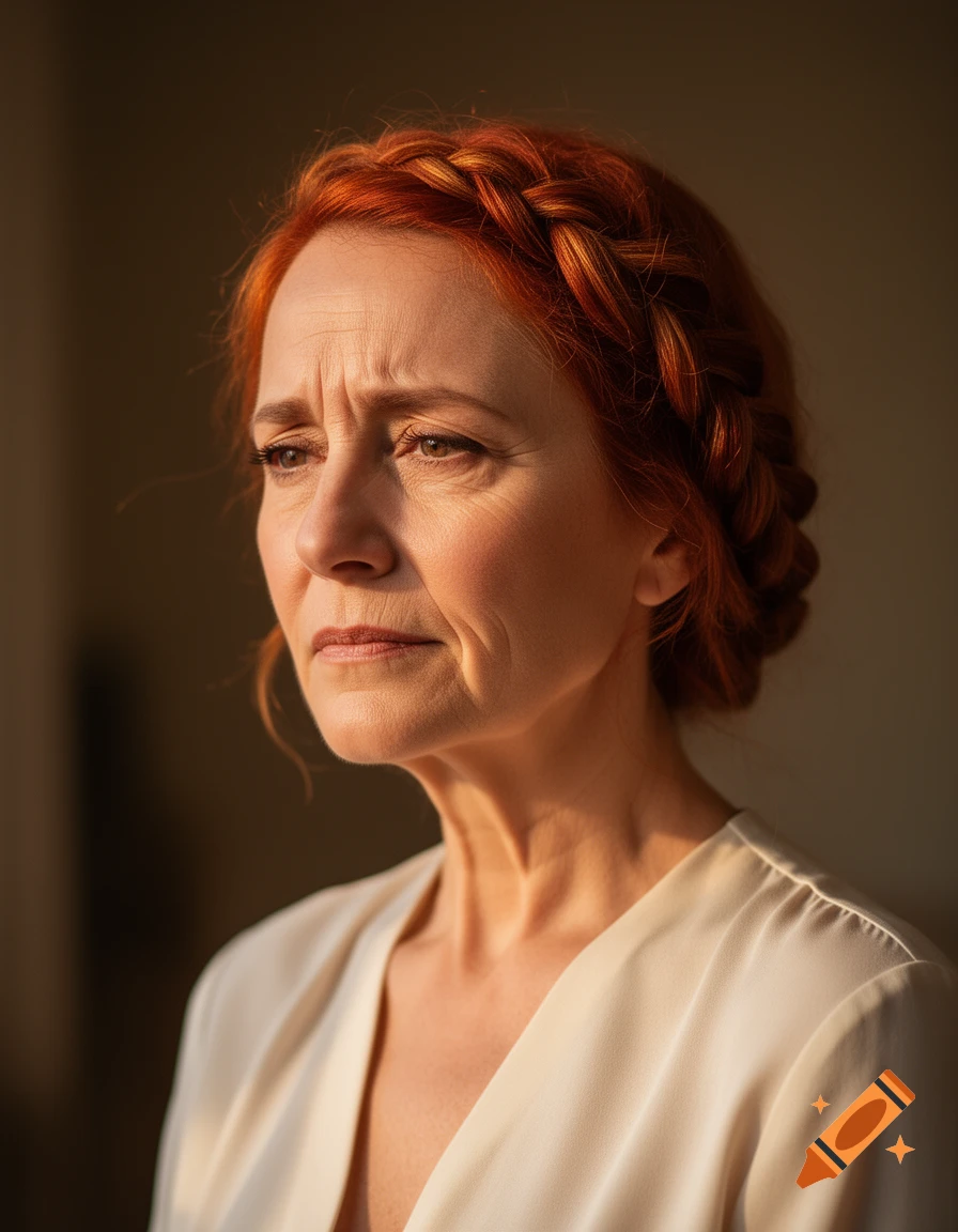 Photorealistic portrait of a tired woman with reddish hair braided around her head.