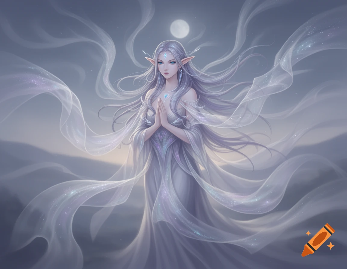 Ethereal elf-like woman with long white hair, hands clasped, enveloped by shimmering fabric under a full moon. Fantasy digital art.