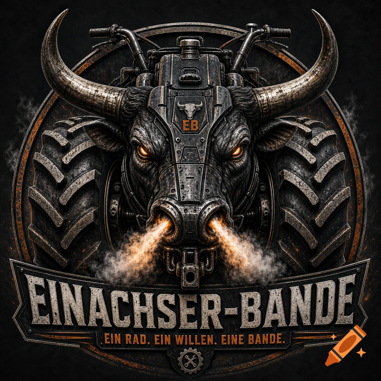 A dark, metallic emblem featuring a front-facing bull head merged with mechanical parts and tractor tires. It has glowing eyes and smoke from its nostrils. Text reads "EINACHSER-BANDE" and "EIN RAD. EIN WILLEN. EINE BANDE.".
