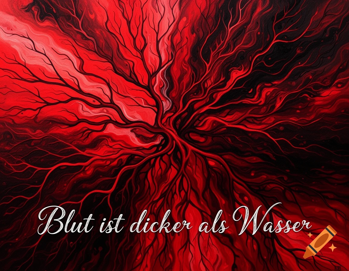 Abstract red and black fluid art resembling veins or roots, with the text 'Blut ist dicker als Wasser'.