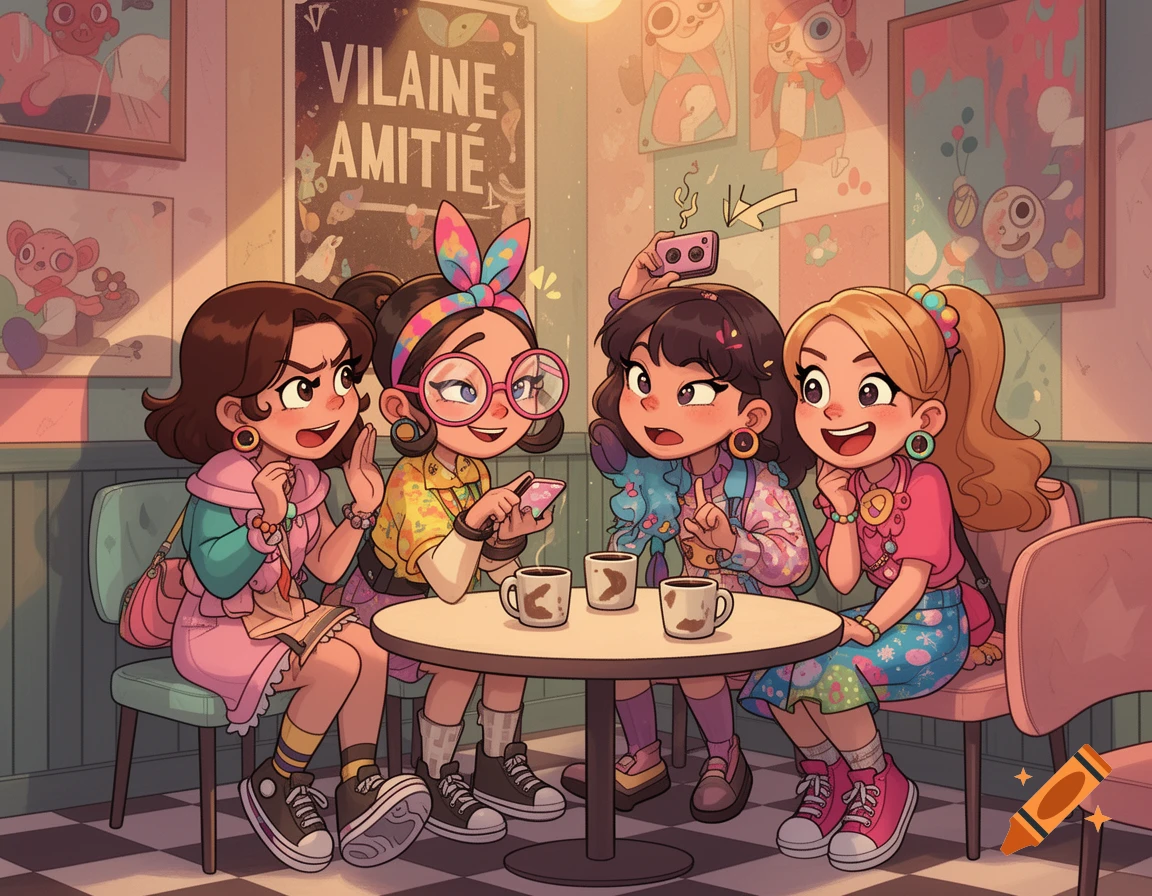 Four colorful cartoon girls chat and use phones at a cafe table with coffee cups, a poster on the wall.