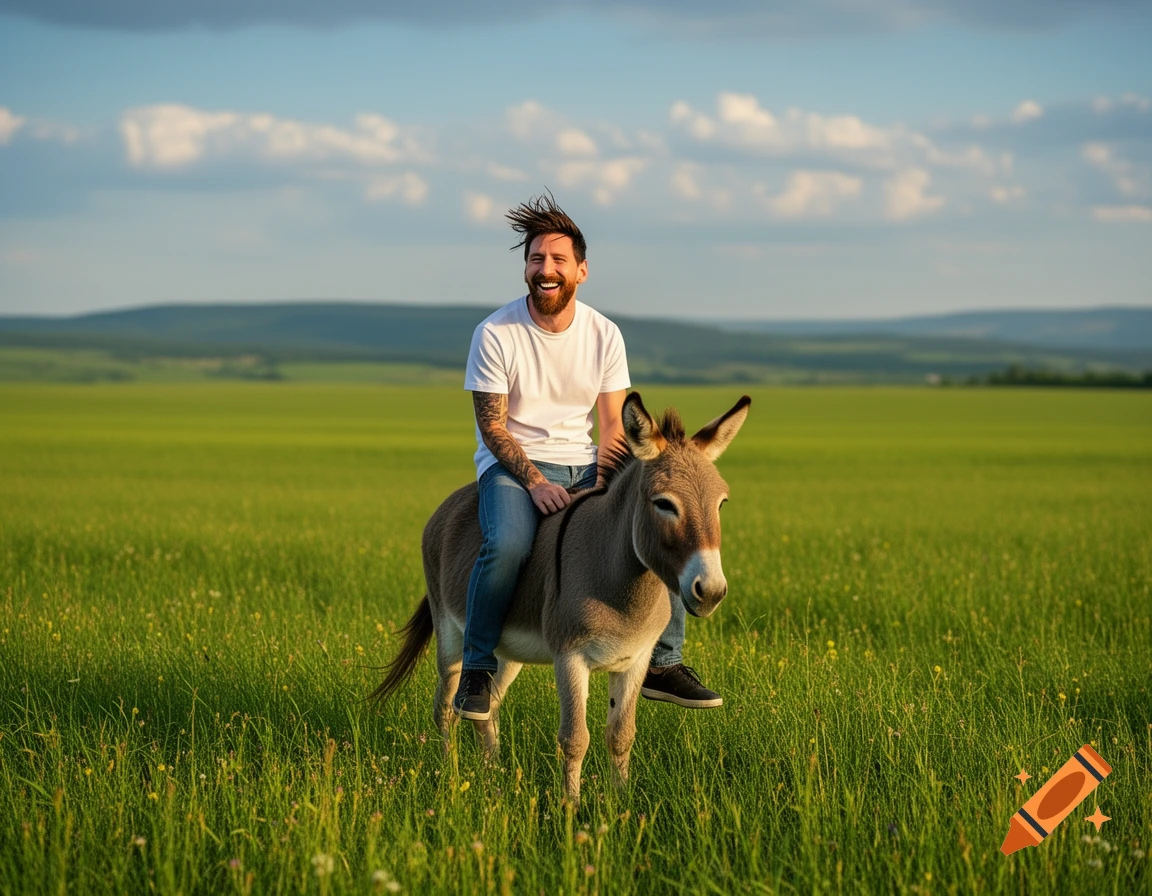 Lionel Messi smiling and riding a small donkey in a vibrant green field under a partly cloudy sky.