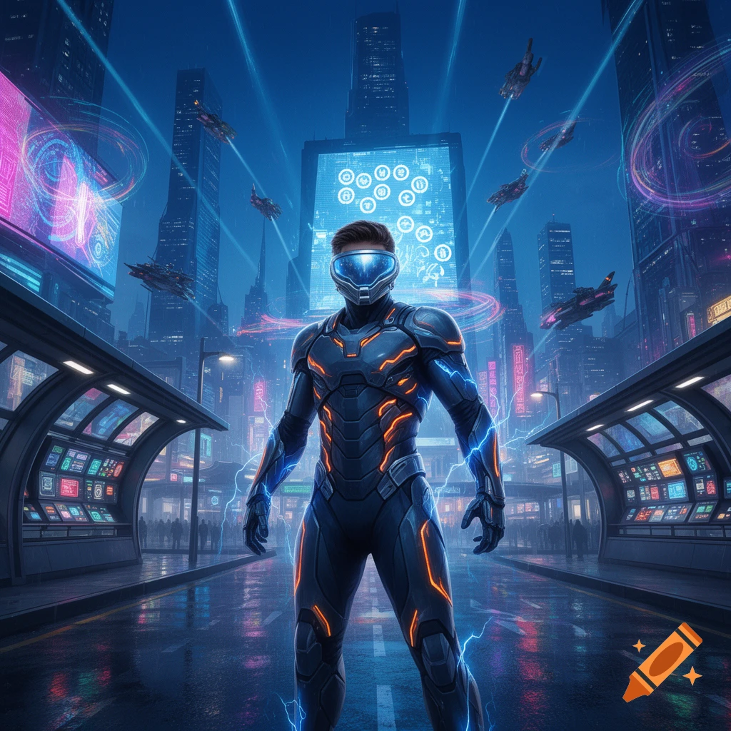 A person in a dark futuristic suit with glowing orange and blue accents stands in a neon-lit cyberpunk city street.