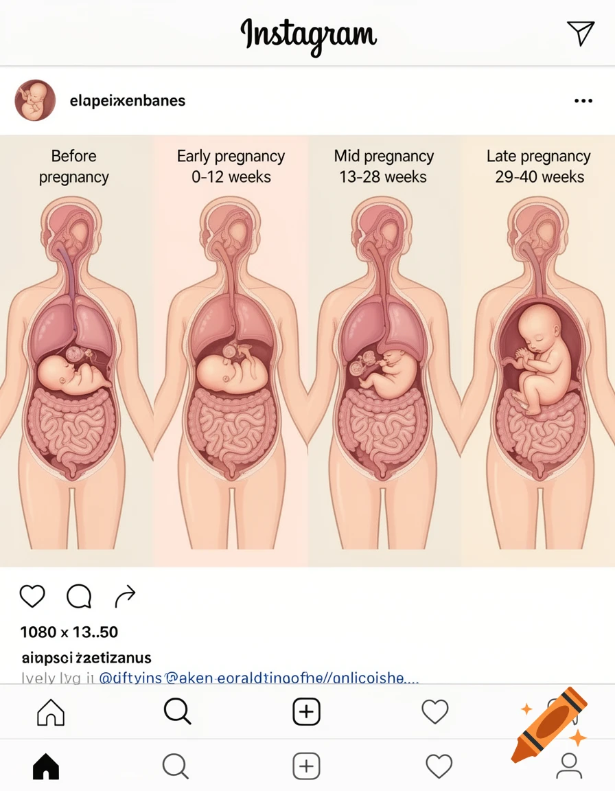 Four panels illustrating female internal anatomy during different stages of pregnancy, showing a growing fetus and shifting organs.
