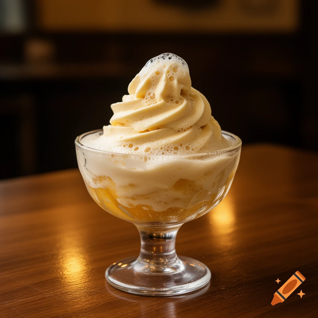 A creamy, light yellow dessert with foam on top, served in a stemmed glass on a wooden table, photorealistic.