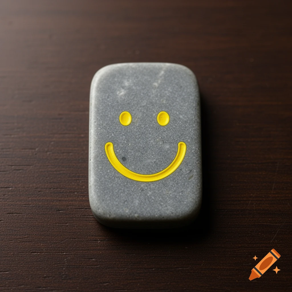 A gray rectangular stone with a yellow smiley face on a dark wooden surface.