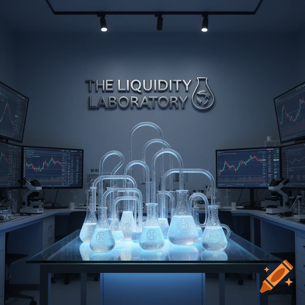 A futuristic laboratory with glowing beakers on a glass table, financial charts on monitors, and 'THE LIQUIDITY LABORATORY' sign.