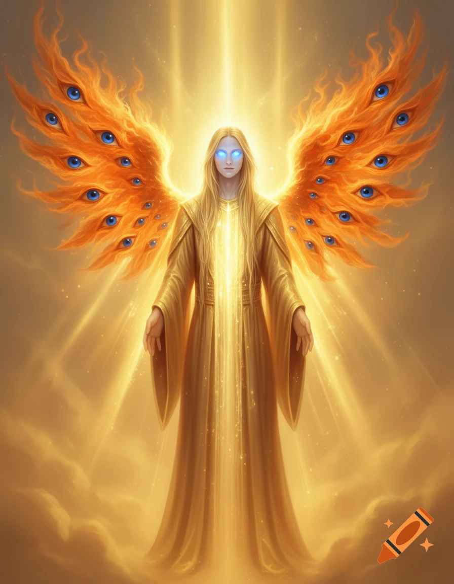 A glowing angelic figure in golden robes with fiery, orange wings covered in blue eyes, stands amidst golden light.