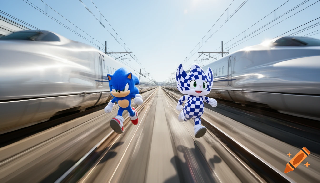 Sonic the Hedgehog and Miraitowa, the Tokyo Olympics mascot, racing down train tracks with bullet trains speeding past on either side.