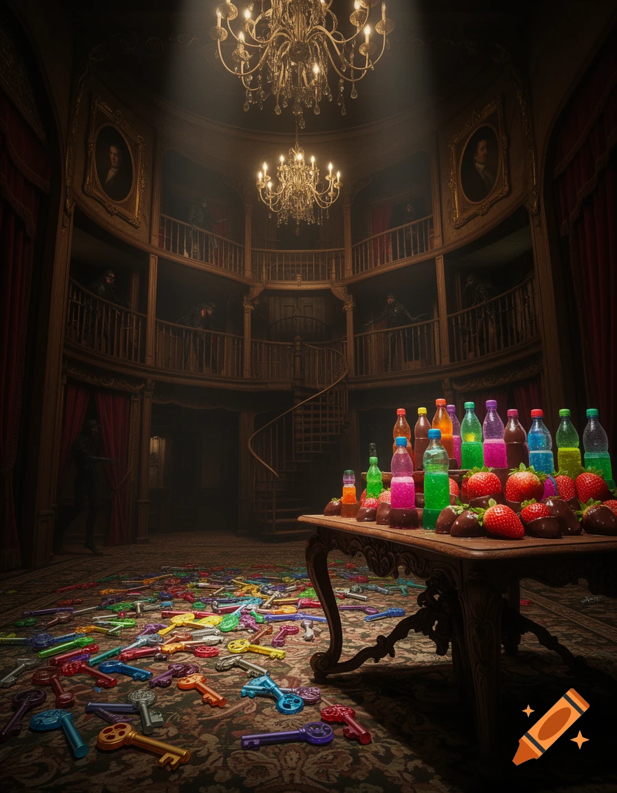 Dark, grand playhouse with chandeliers, balconies, and shadowy figures. A table holds colorful drinks and strawberries, while many plastic keys litter the ornate carpet.