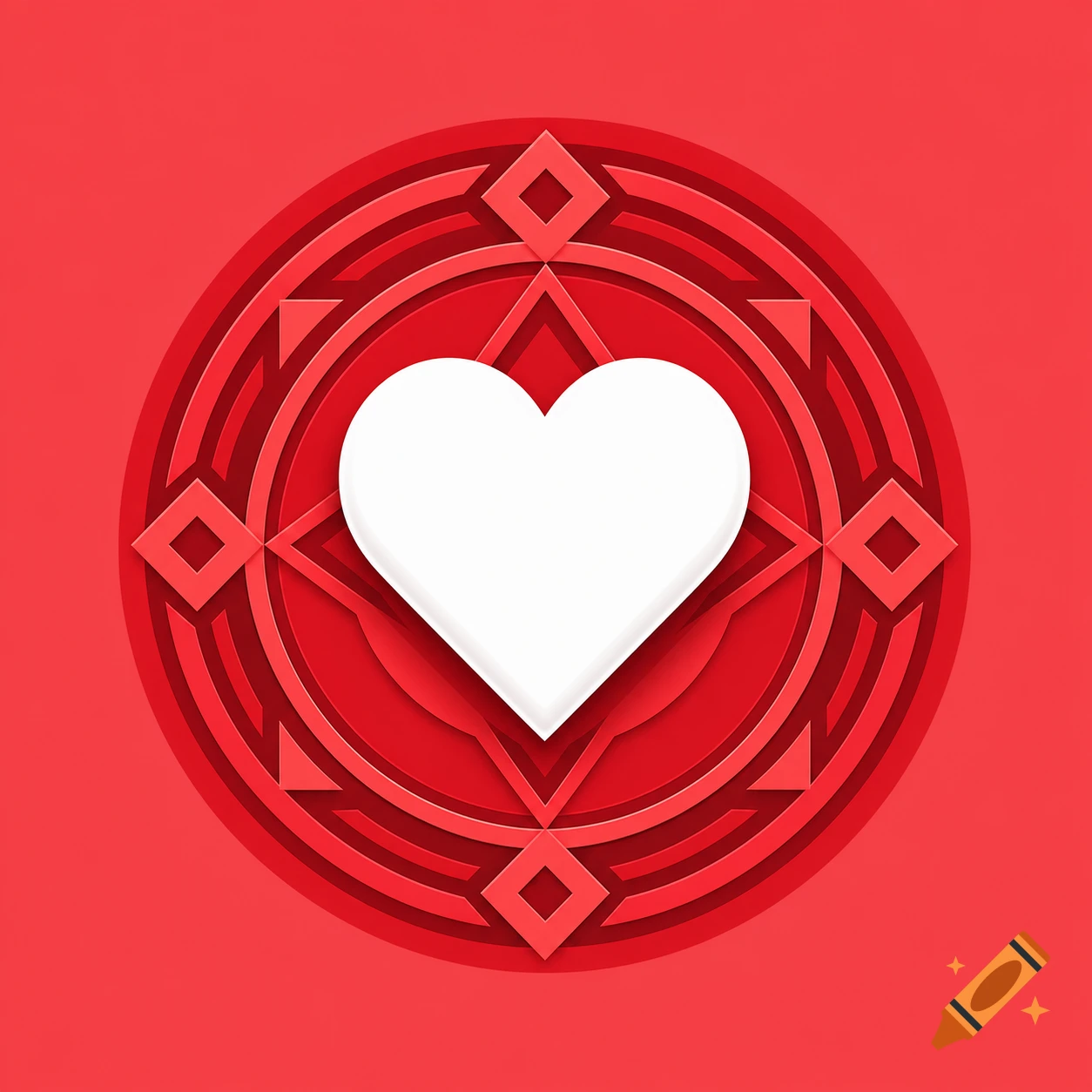 White heart on a red circle with geometric patterns on a plain red background.