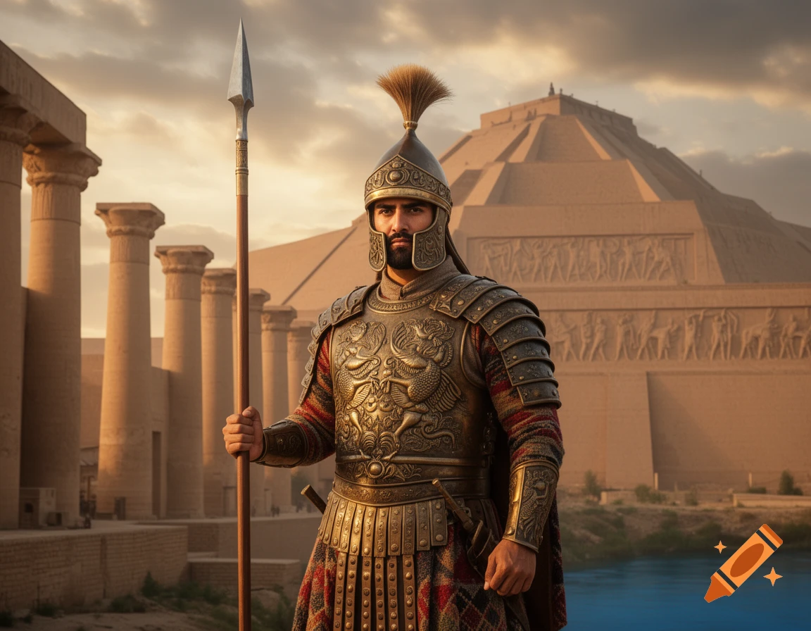 An Assyrian warrior in ornate gold armor and helmet holds a spear, standing before ancient ruins and a ziggurat.