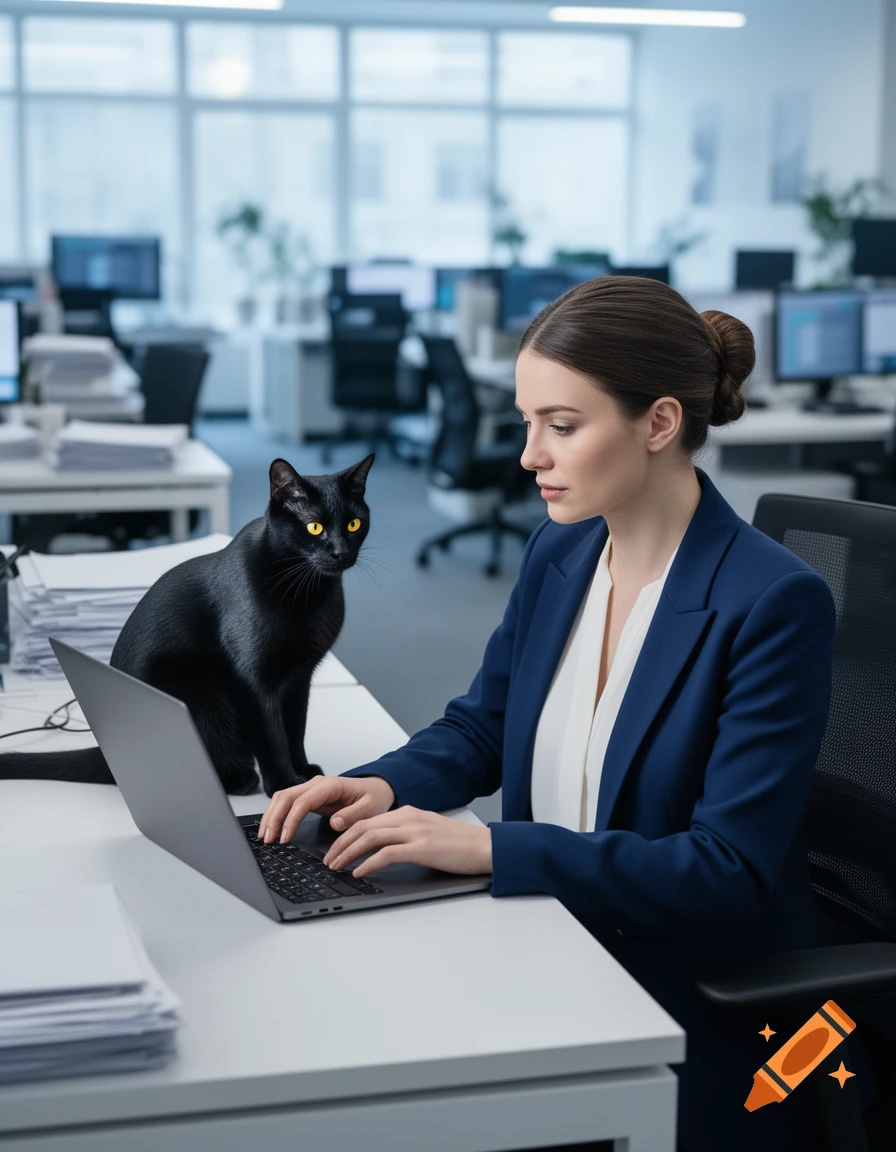 A black cat sits next to a woman typing on a laptop in a brightly lit office.