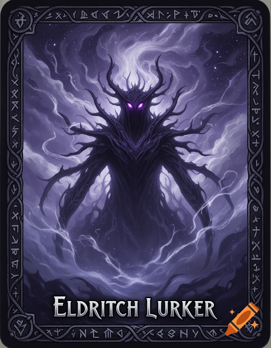Dark fantasy trading card featuring a shadowy, horned creature with glowing purple eyes and swirling purple clouds. Text: Eldritch Lurker.