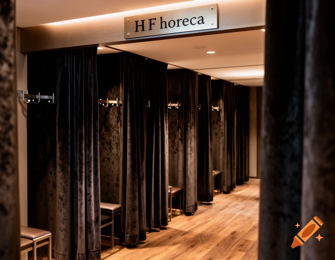 A modern changing room with dark velvet curtains, individual stalls, benches, and wooden floors, with an 'HF horeca' sign.