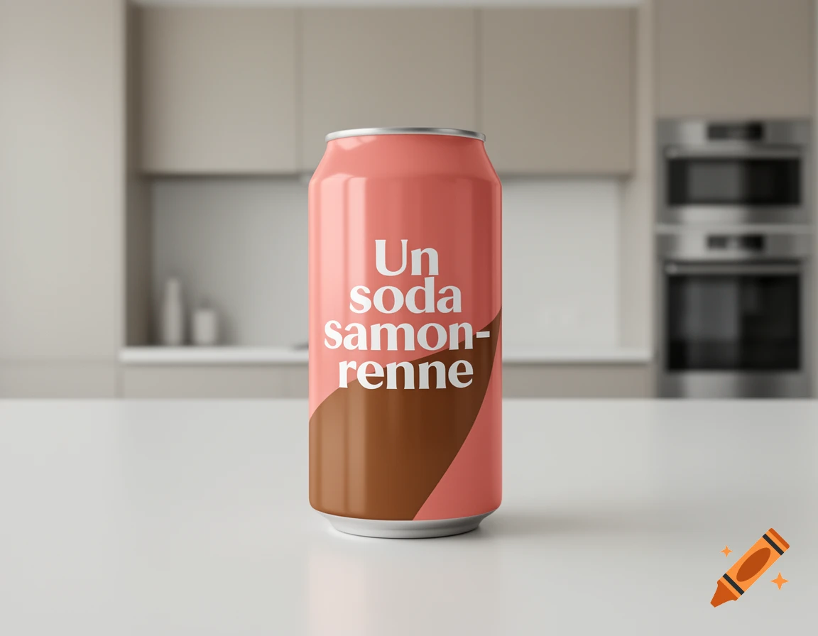 A pink and brown soda can with "Un soda samon-renne" on its label sits on a white kitchen counter.