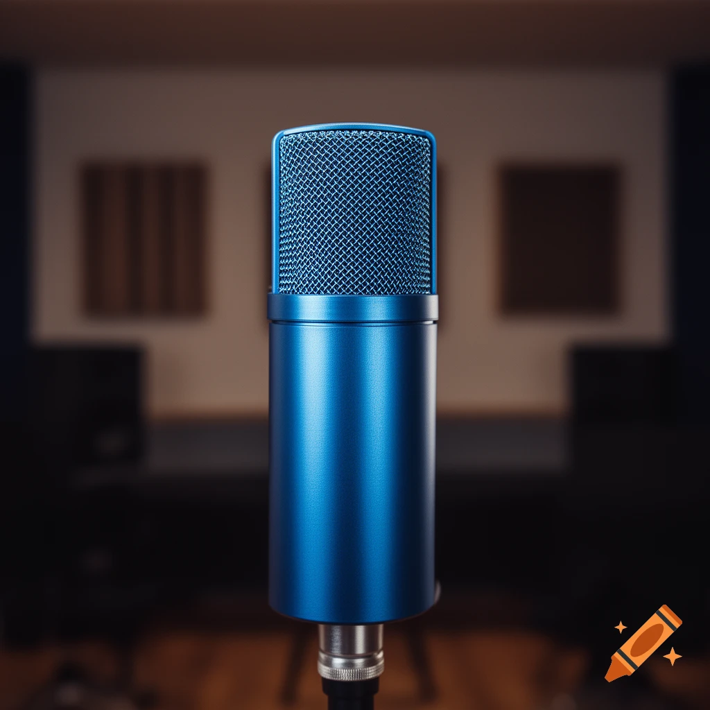 A close-up, photorealistic shot of a blue condenser microphone in a recording studio.