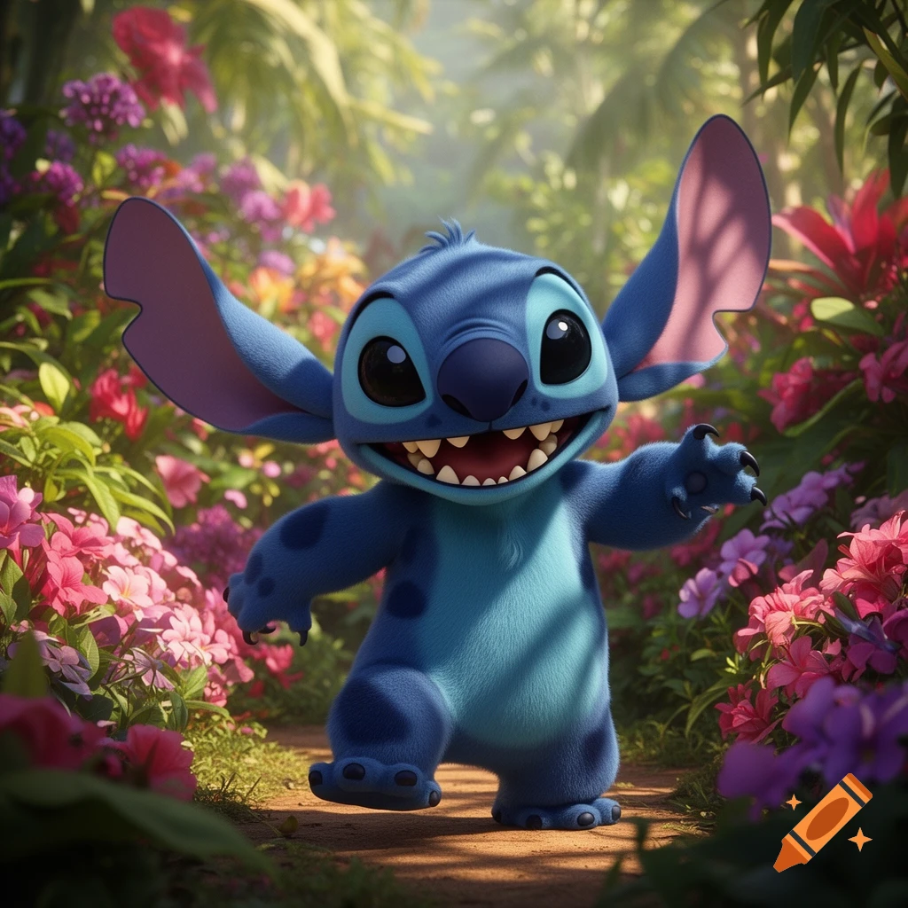 Stitch, the blue alien character, smiles broadly while standing in a lush jungle filled with vibrant pink and purple flowers.