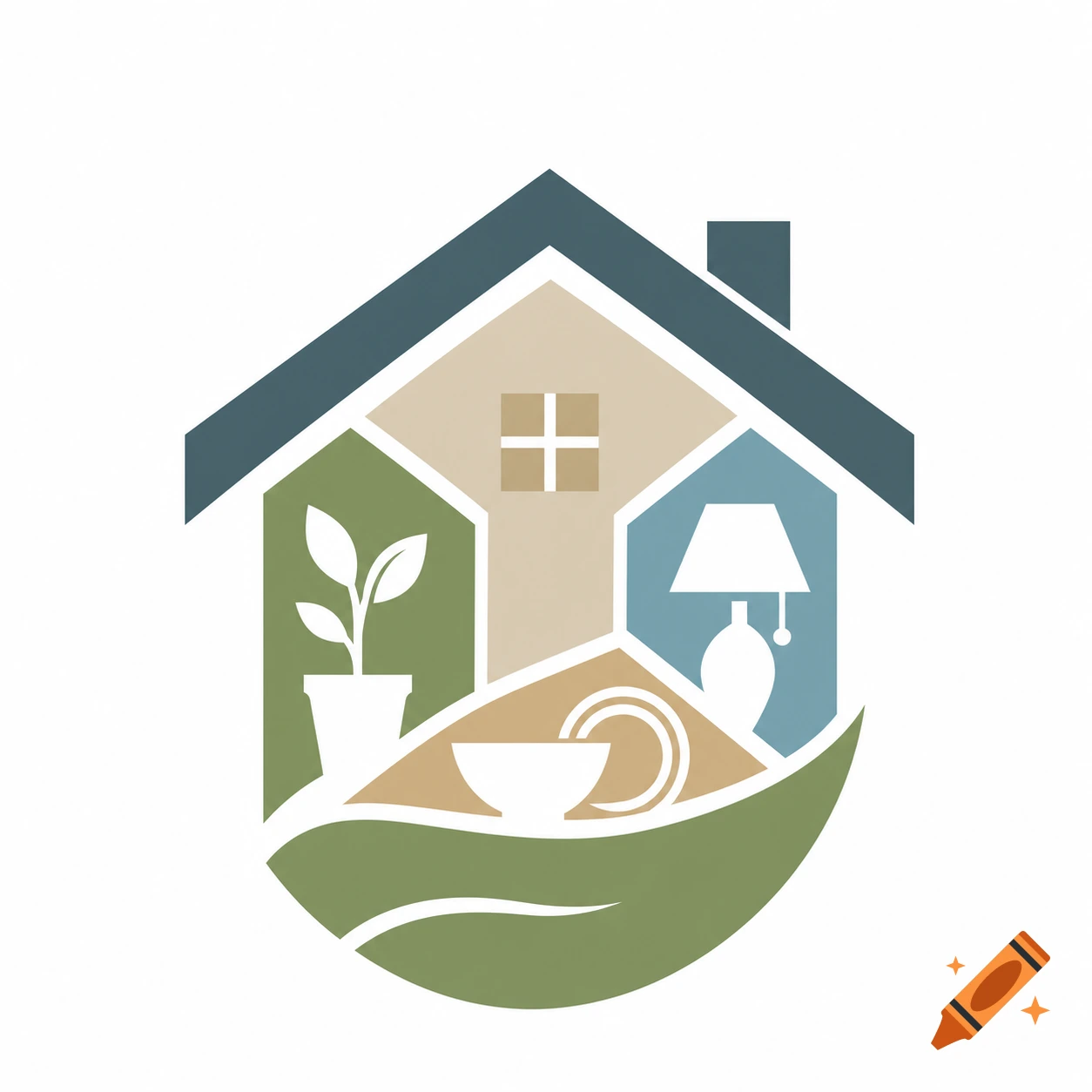 A geometric logo depicting a house silhouette with interior sections showing a potted plant, a window, a table lamp, and a bowl, all on a green leaf base.
