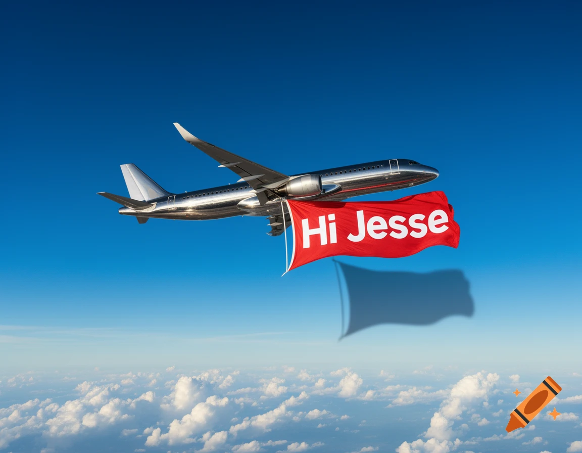 A silver airplane flying across a clear blue sky with white clouds below, trailing a red banner that reads 'Hi Jesse'.