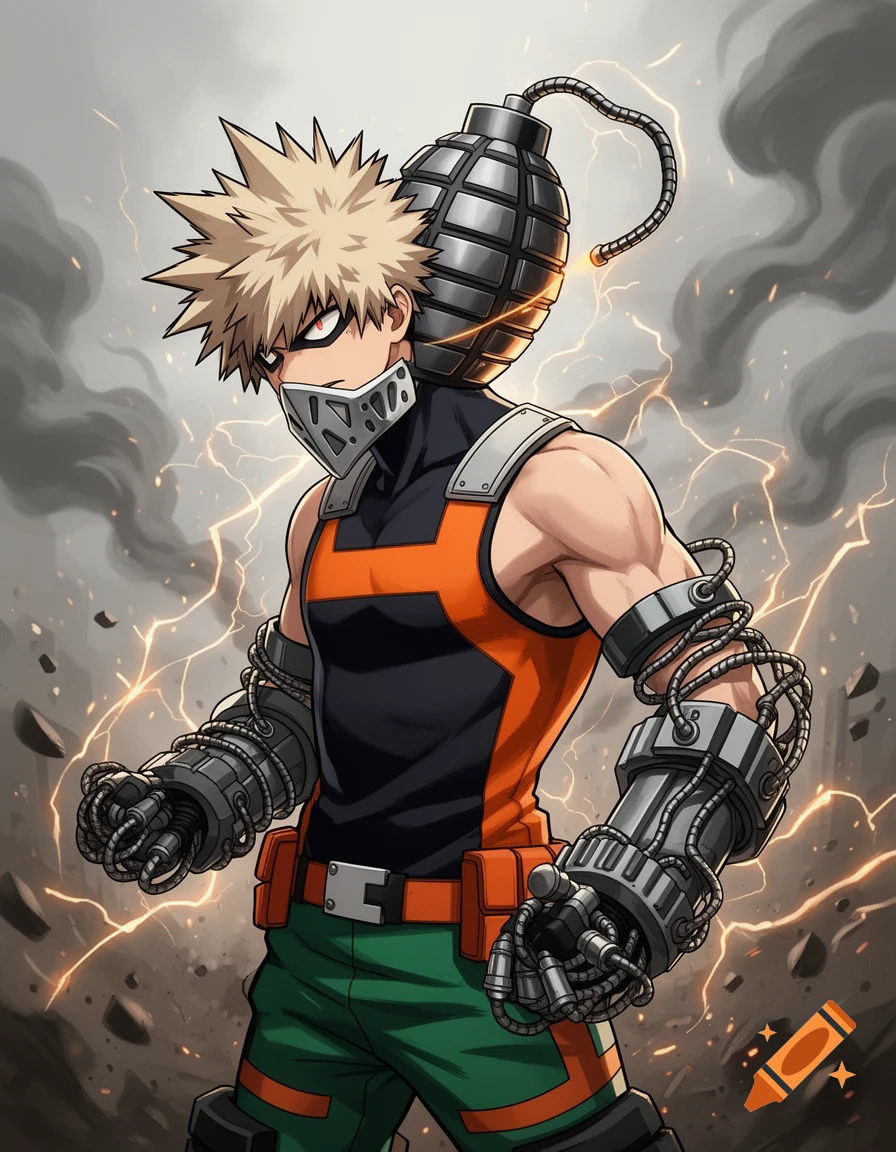 Anime illustration of Bakugo from My Hero Academia with spiky hair, mask, mech gauntlets, grenade on back, amidst lightning.