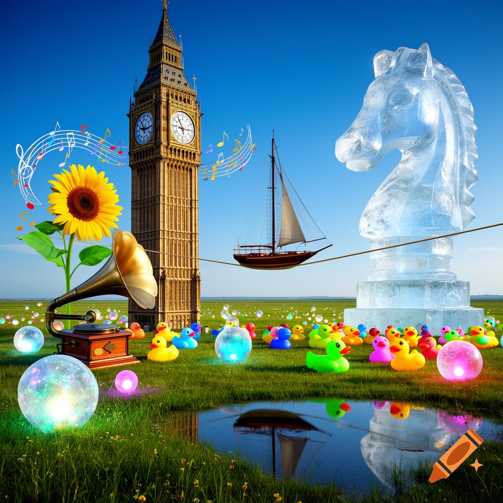 A surreal scene with Big Ben, a giant sunflower, gramophone, sailboat on a tightrope, ice chess knight, colorful rubber ducks, and glowing orbs in a grassy field.