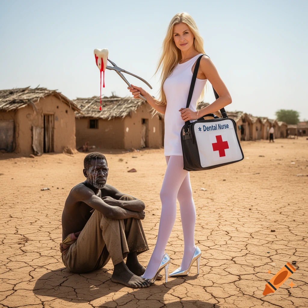 Photorealistic image of a woman dressed as a dental nurse, holding bloody forceps and a tooth, standing over a poor man in a cracked desert landscape with huts.