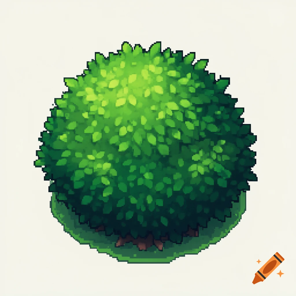A vibrant green pixel art bush with a brown base, suitable for a 2D top-down game.