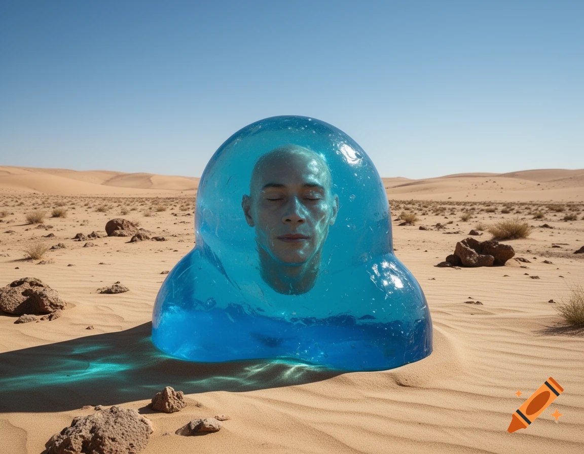 A bald human head floats inside a glowing blue translucent blob in a vast, sunny desert landscape.