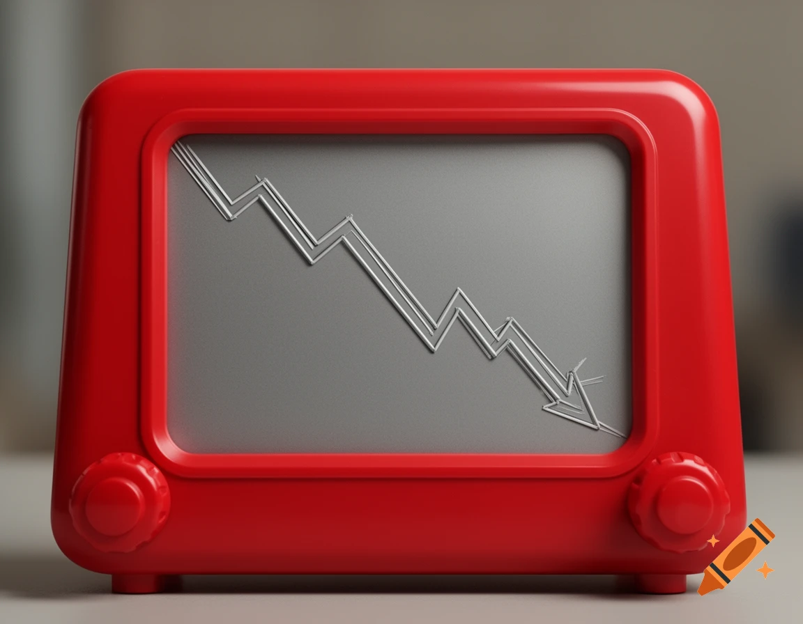 A red Etch A Sketch toy displaying a silver downward-sloping zigzag graph with an arrow, resembling a stock market trend.