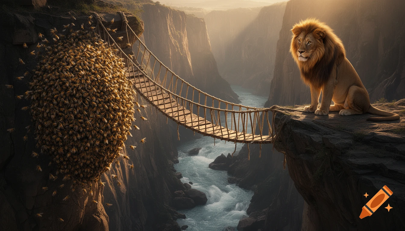 A majestic lion sits on a canyon cliff edge opposite a massive bee swarm, with a rope bridge spanning the deep river below, in a cinematic fantasy style.
